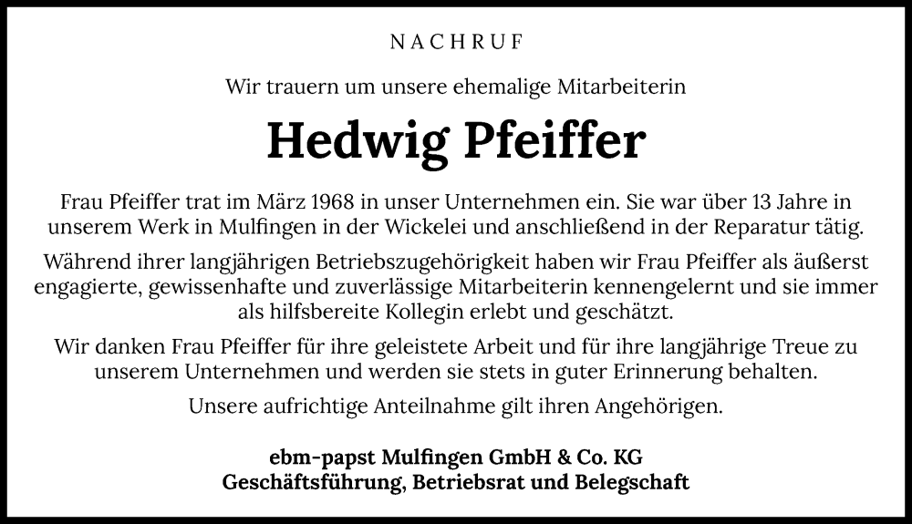  Traueranzeige für Hedwig Pfeiffer vom 20.06.2022 aus GESAMT