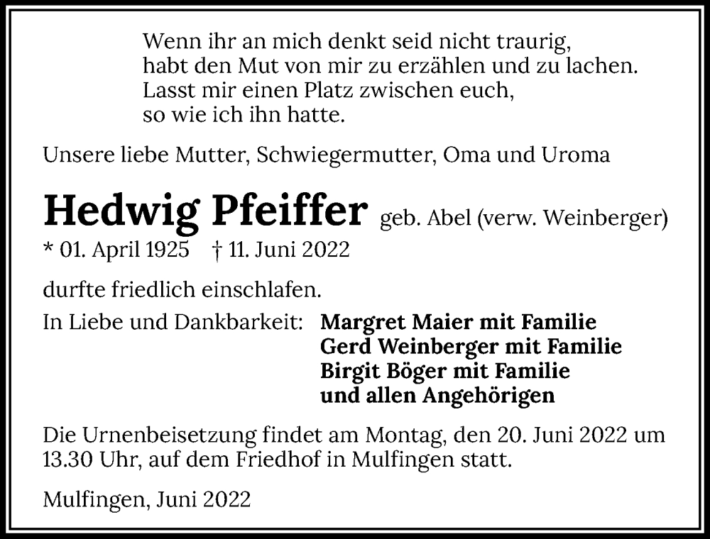  Traueranzeige für Hedwig Pfeiffer vom 15.06.2022 aus GESAMT