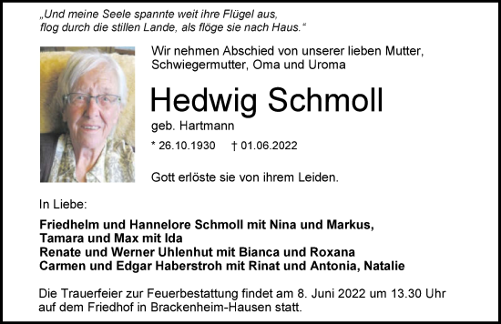 Traueranzeige von Hedwig Schmoll von GESAMT