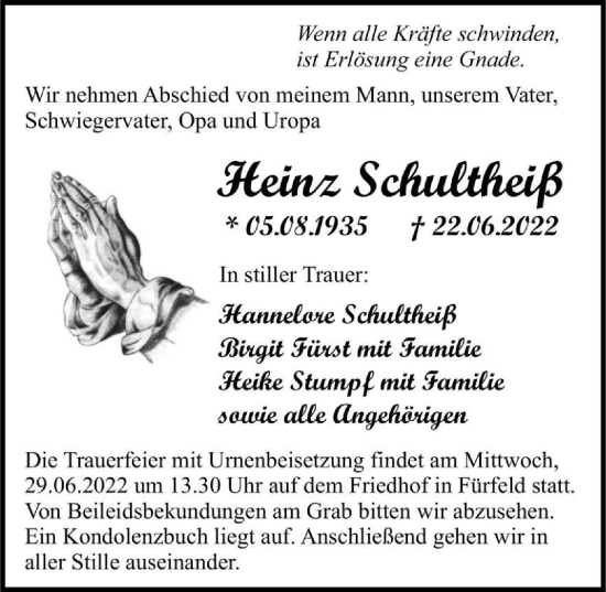 Traueranzeige von Heinz Schultheiß von GESAMT