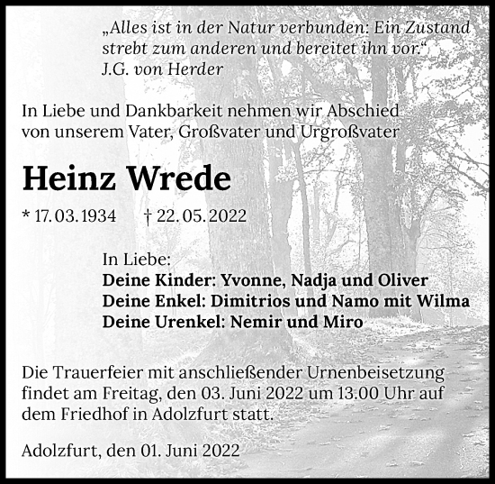 Traueranzeige von Heinz Wrede von GESAMT