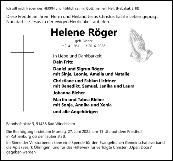 Traueranzeige von Helene Röger von GESAMT