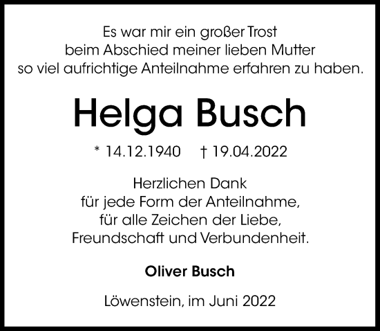 Traueranzeige von Helga Busch von GESAMT