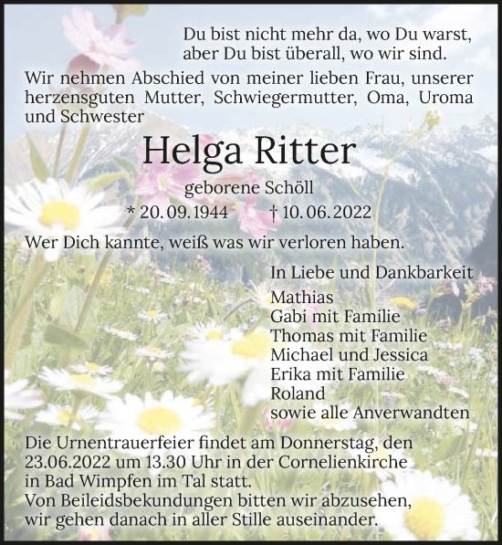 Traueranzeige von Helga Ritter von GESAMT