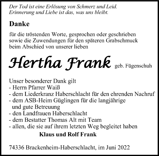 Traueranzeige von Hertha Frank von GESAMT