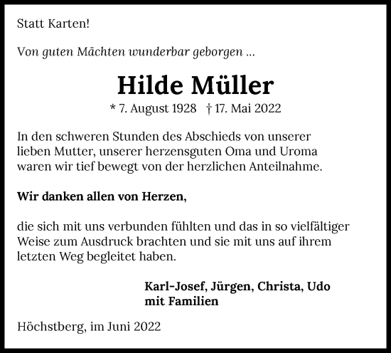 Traueranzeige von Hilde Müller von GESAMT