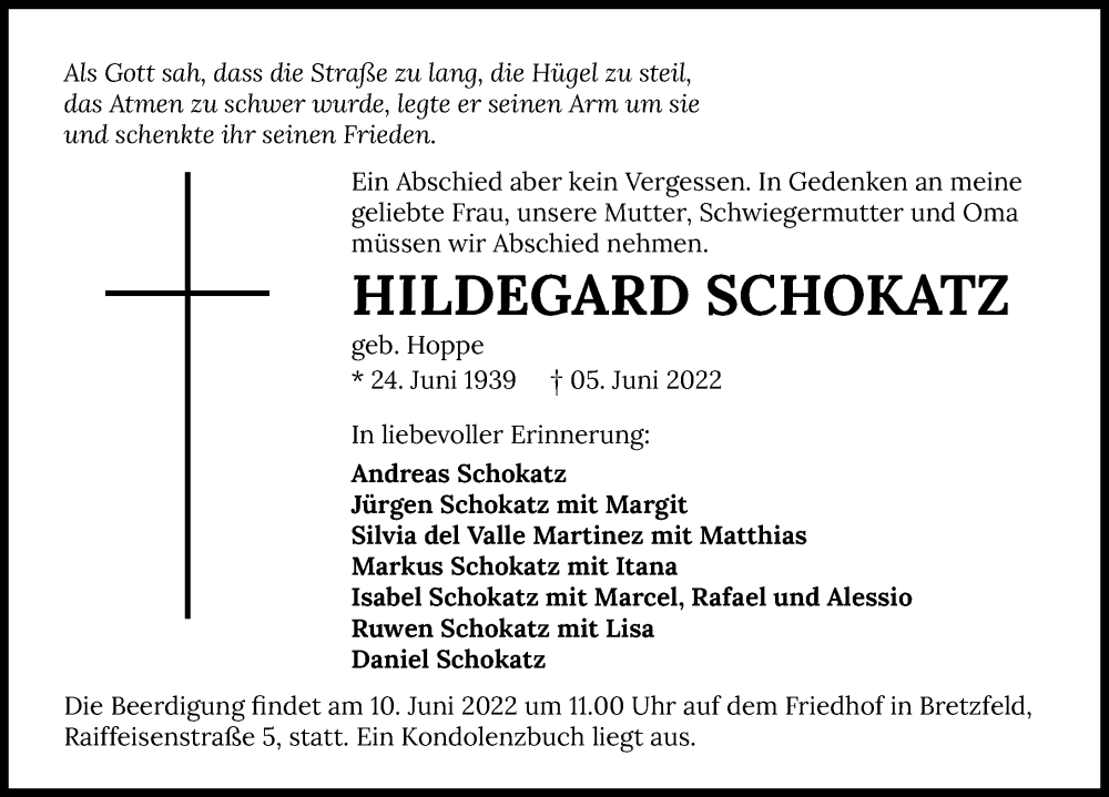  Traueranzeige für Hildegard Schokatz vom 08.06.2022 aus GESAMT