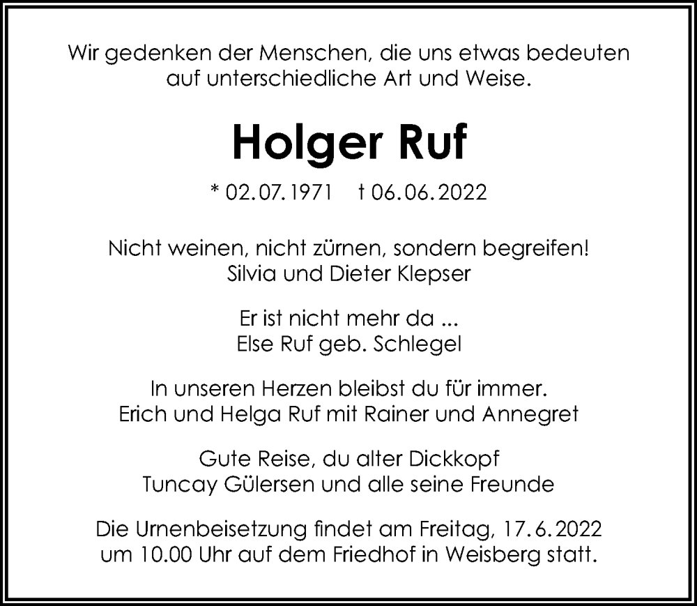  Traueranzeige für Holger Ruf vom 14.06.2022 aus GESAMT