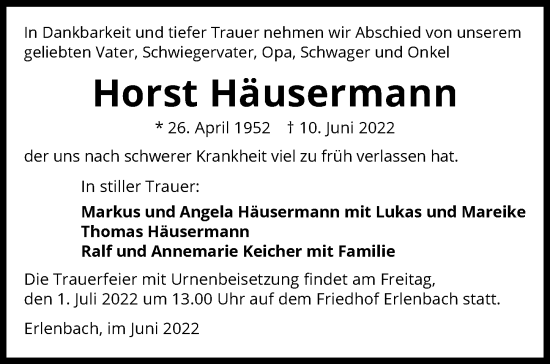 Traueranzeige von Horst Häusermann von GESAMT