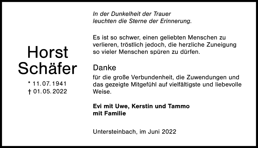  Traueranzeige für Horst Schäfer vom 11.06.2022 aus GESAMT
