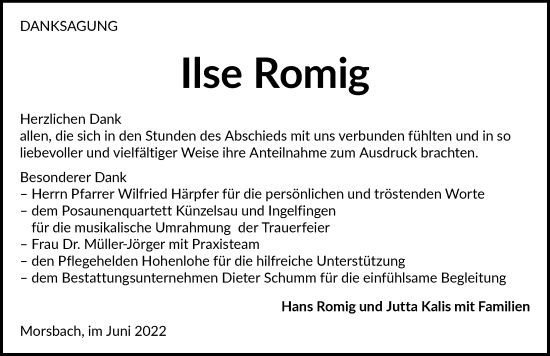 Traueranzeige von Ilse Romig von GESAMT