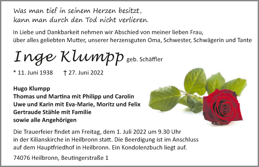  Traueranzeige für Inge Klumpp vom 29.06.2022 aus GESAMT