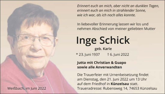 Traueranzeige von Inge Schick von GESAMT
