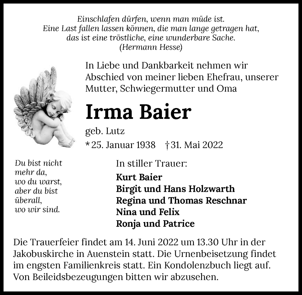 Traueranzeige für Irma Baier vom 04.06.2022 aus GESAMT