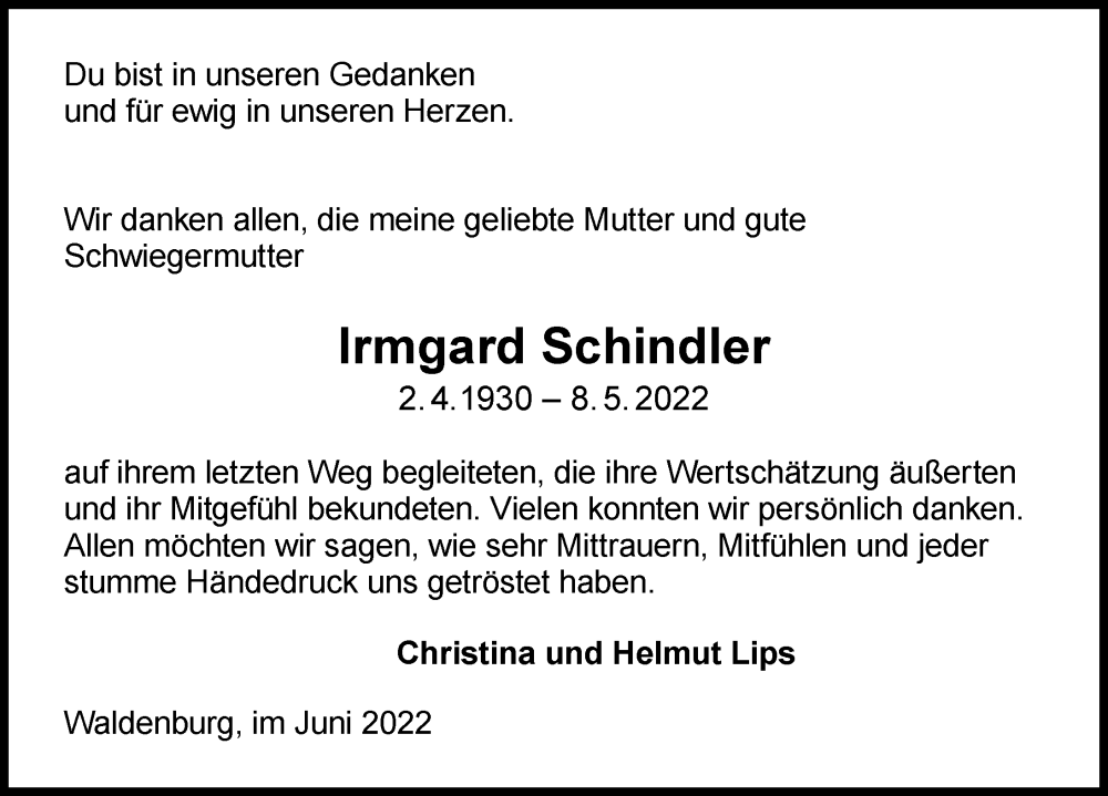  Traueranzeige für Irmgard Schindler vom 08.06.2022 aus GESAMT