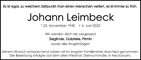 Traueranzeige von Johann Leimbeck von GESAMT