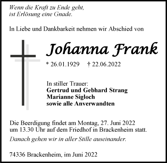 Traueranzeige von Johanna Frank von GESAMT
