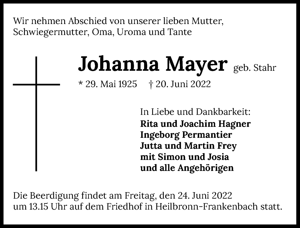  Traueranzeige für Johanna Mayer vom 22.06.2022 aus GESAMT