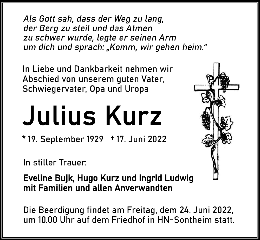  Traueranzeige für Julius Kurz vom 21.06.2022 aus GESAMT