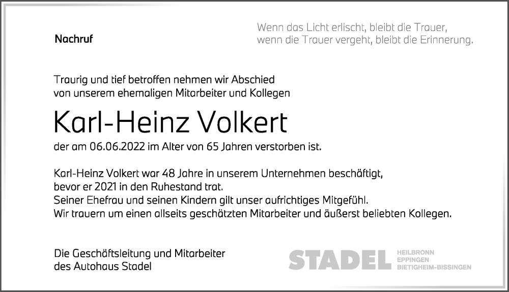  Traueranzeige für Karl-Heinz Volkert vom 18.06.2022 aus GESAMT