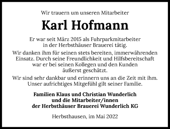 Traueranzeige von Karl Hofmann von GESAMT