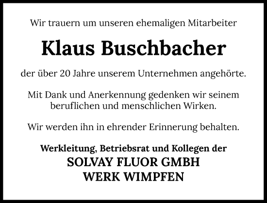 Traueranzeige von Klaus Buschbacher von GESAMT