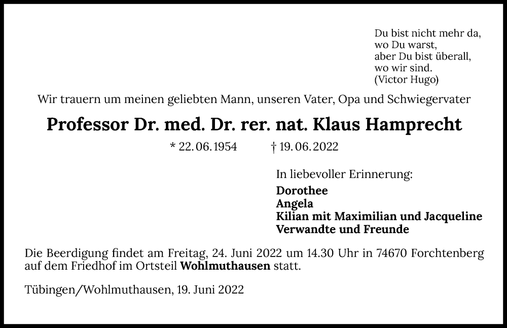  Traueranzeige für Klaus Hamprecht vom 23.06.2022 aus GESAMT