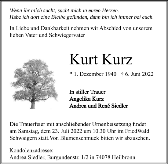 Traueranzeige von Kurt Kurz von GESAMT