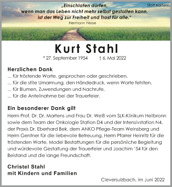 Traueranzeige von Kurt Stahl von GESAMT
