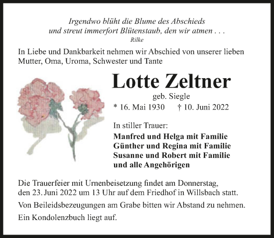 Traueranzeige von Lotte Zeltner von GESAMT