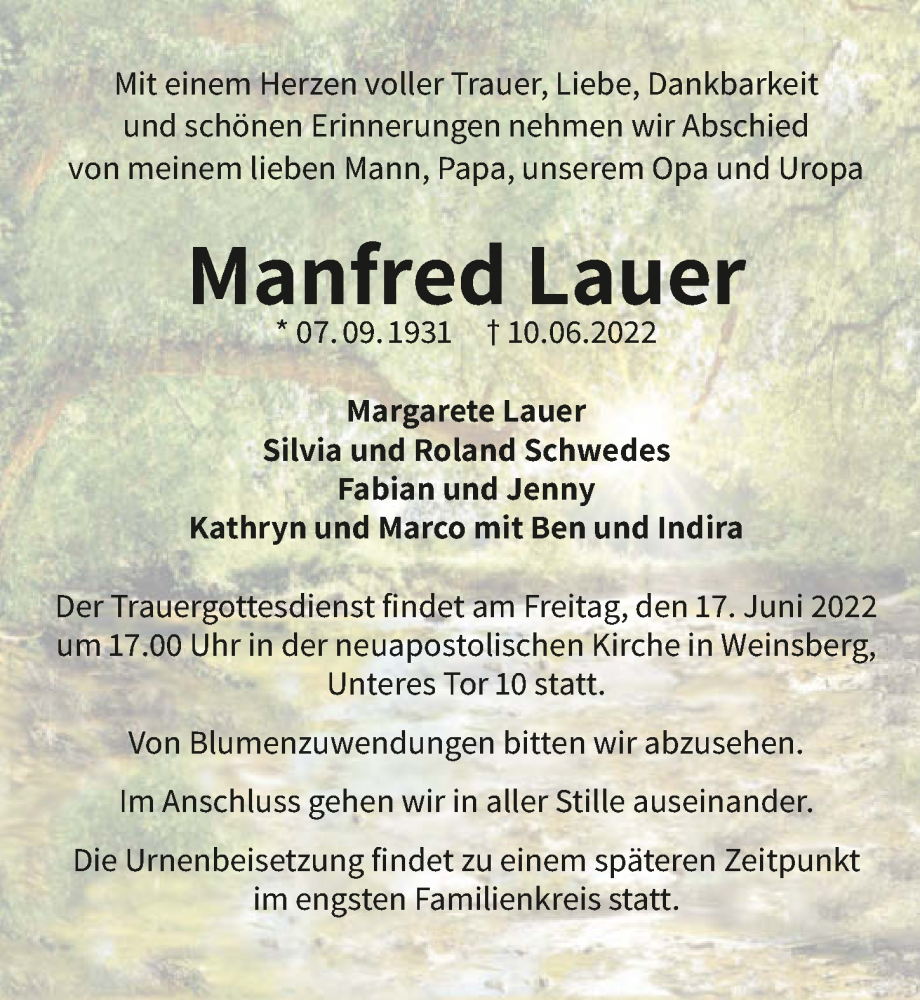  Traueranzeige für Manfred Lauer vom 14.06.2022 aus GESAMT