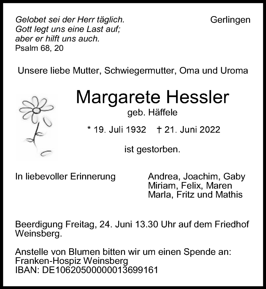  Traueranzeige für Margarete Hessler vom 24.06.2022 aus GESAMT