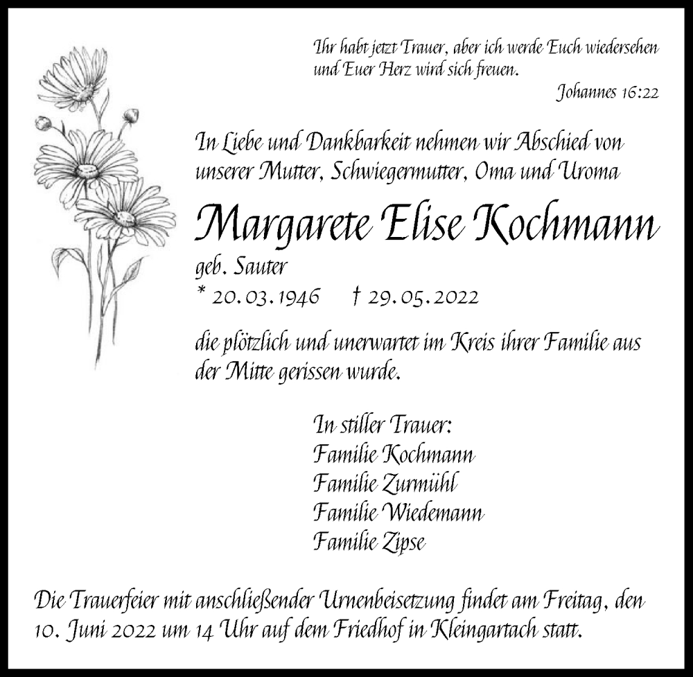  Traueranzeige für Margarete Elise Kochmann vom 08.06.2022 aus GESAMT
