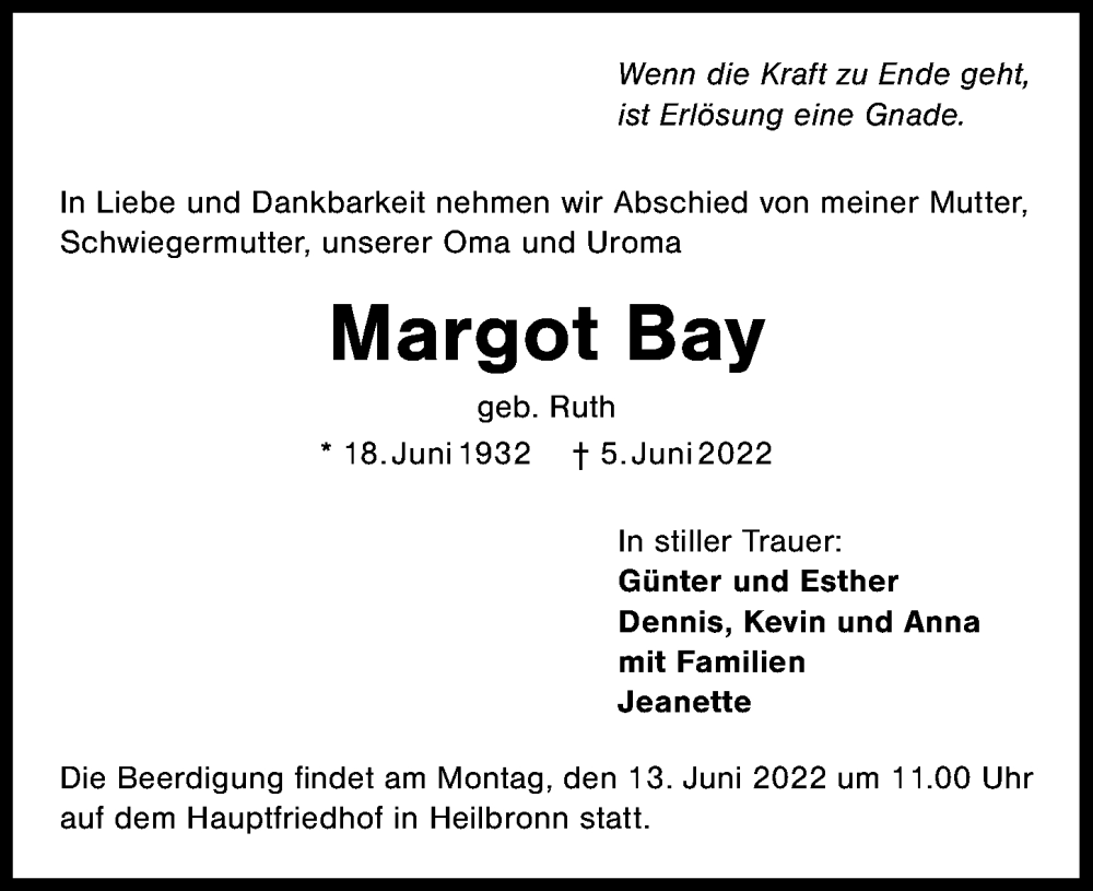  Traueranzeige für Margot Bay vom 09.06.2022 aus GESAMT