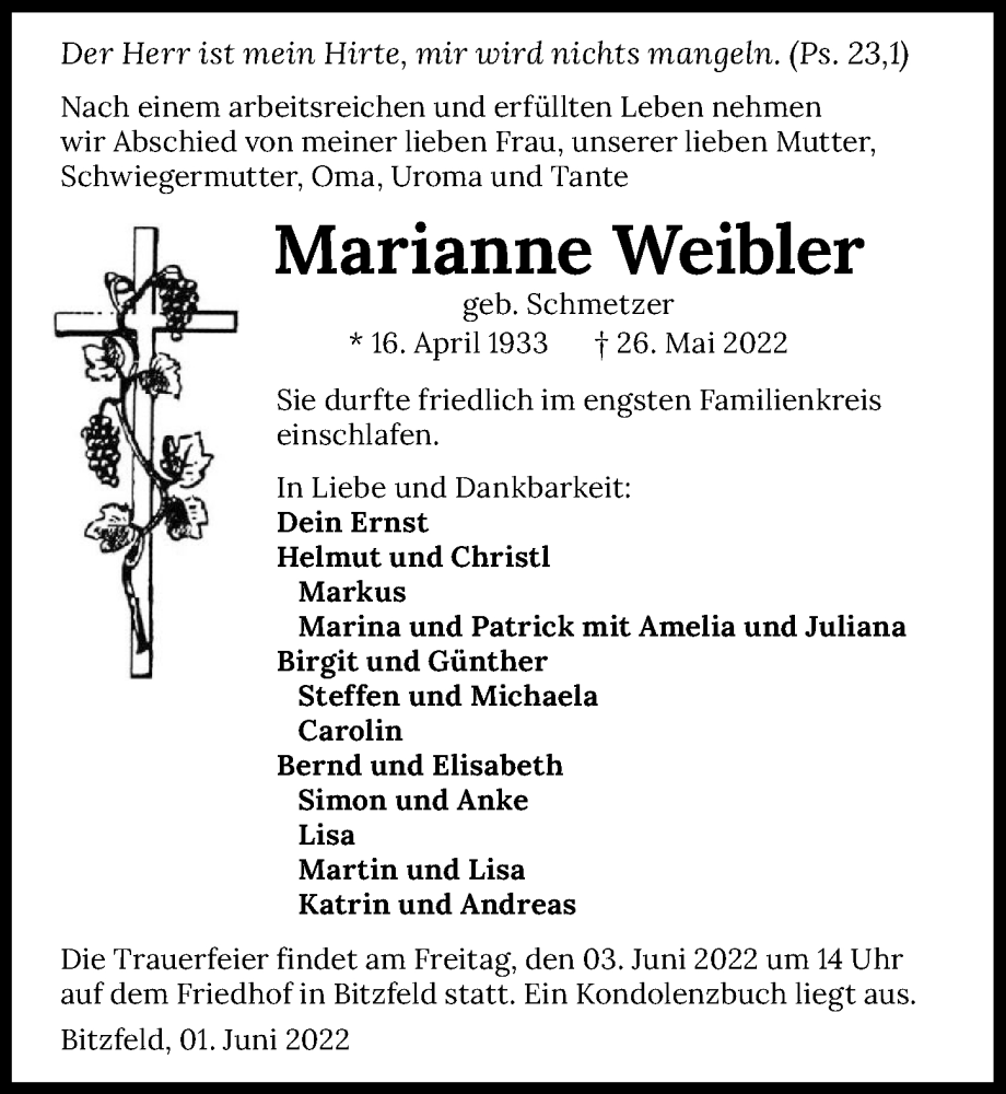  Traueranzeige für Marianne Weibler vom 01.06.2022 aus GESAMT