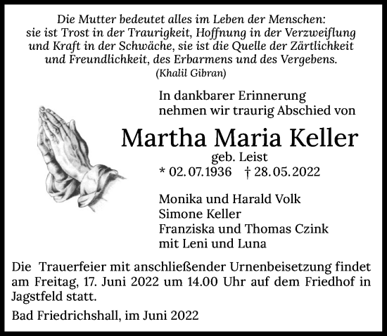 Traueranzeige von Martha Maria Keller von GESAMT