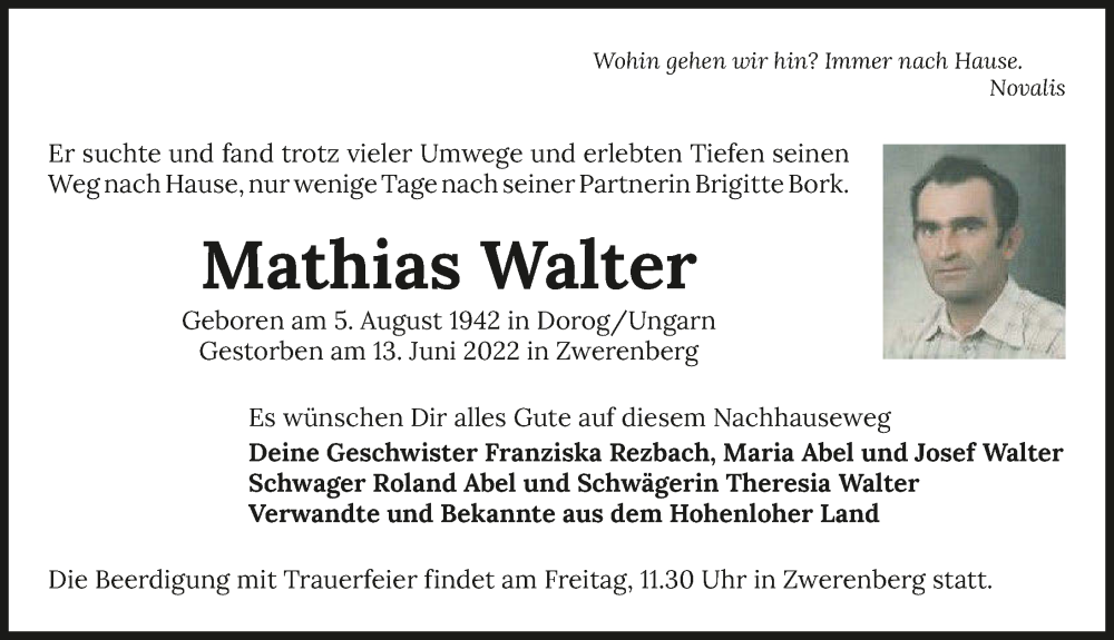  Traueranzeige für Mathias Walter vom 22.06.2022 aus GESAMT