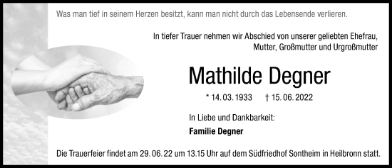 Traueranzeige von Mathilde Degner von GESAMT