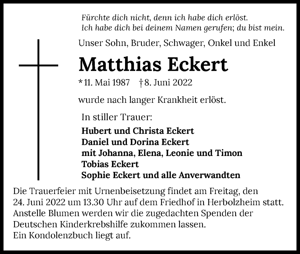  Traueranzeige für Matthias Eckert vom 14.06.2022 aus GESAMT