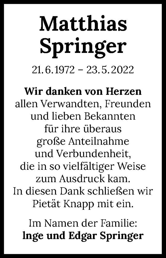  Traueranzeige für Matthias Springer vom 18.06.2022 aus GESAMT