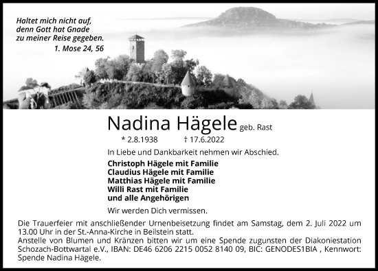 Traueranzeige von Nadina Hägele von GESAMT