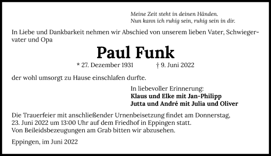 Traueranzeige von Paul Funk von GESAMT