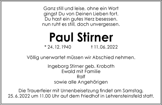 Traueranzeige von Paul Stirner von GESAMT