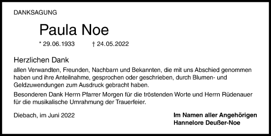 Traueranzeige von Paula Noe von GESAMT