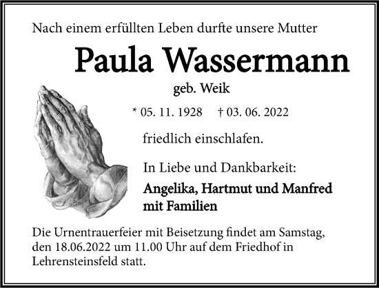 Traueranzeige von Paula Wassermann von GESAMT
