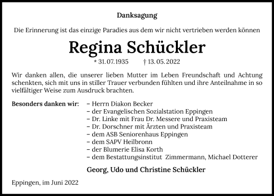 Traueranzeige von Regina Schückler von GESAMT