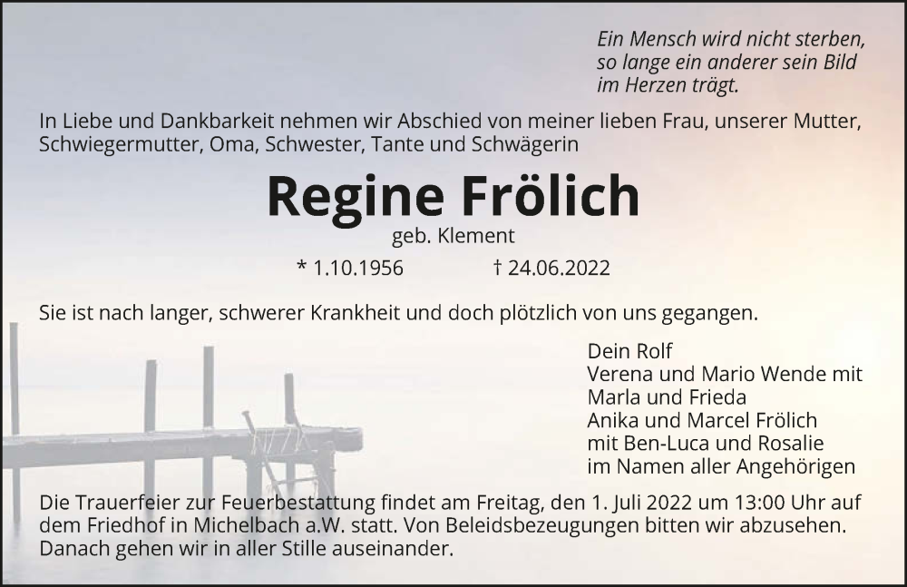  Traueranzeige für Regine Frölich vom 28.06.2022 aus GESAMT