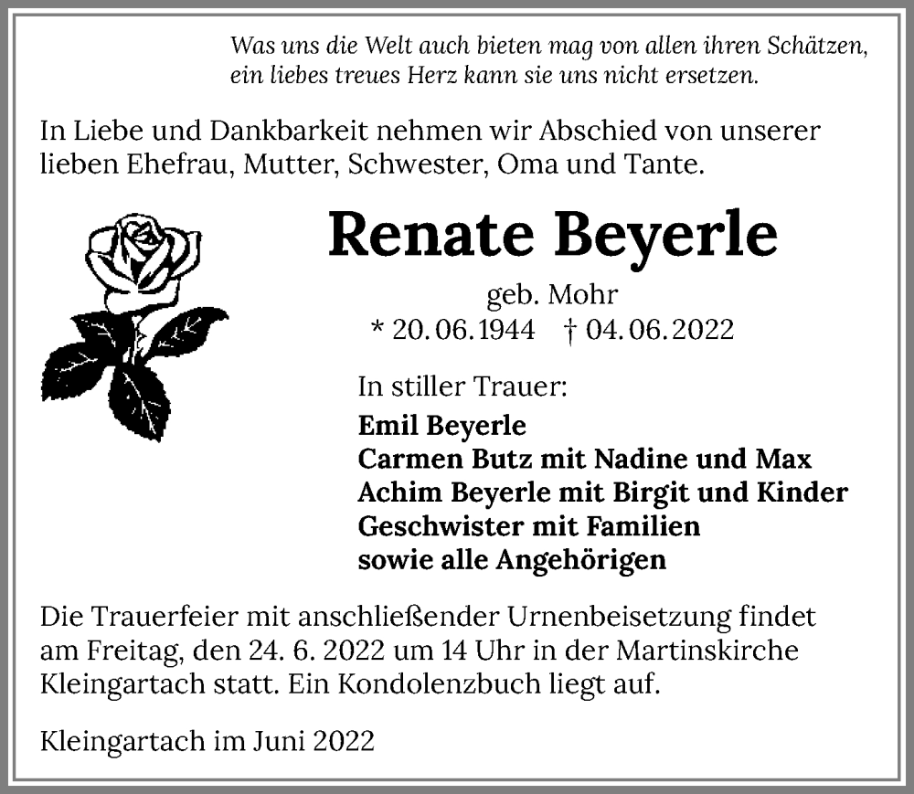  Traueranzeige für Renate Beyerle vom 22.06.2022 aus GESAMT