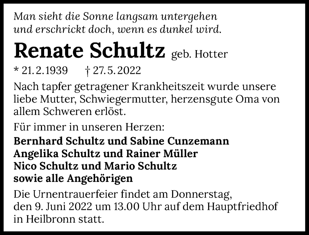  Traueranzeige für Renate Schultz vom 04.06.2022 aus GESAMT
