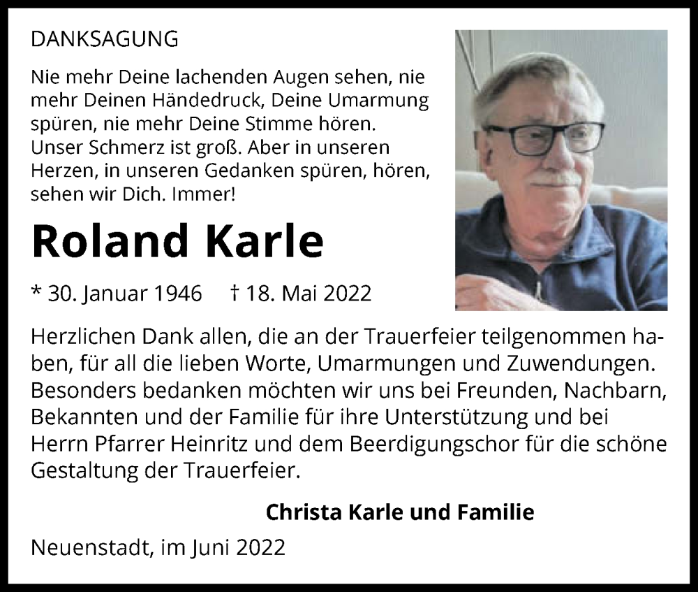  Traueranzeige für Roland Karle vom 08.06.2022 aus GESAMT